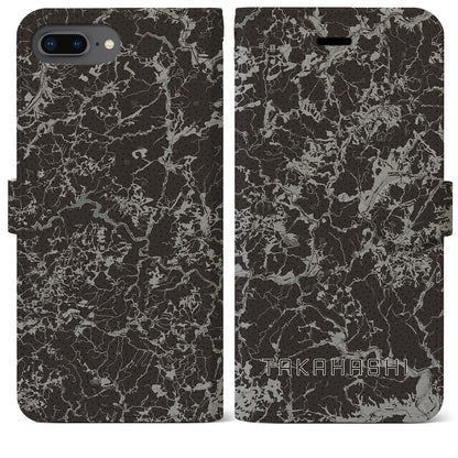 【高梁（岡山県）】地図柄iPhoneケース（手帳タイプ）モノトーン・iPhone 8Plus /7Plus / 6sPlus / 6Plus 用