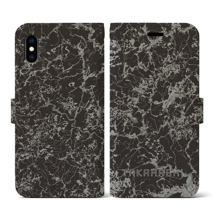 【高梁（岡山県）】地図柄iPhoneケース（手帳タイプ）モノトーン・iPhone XS / X 用