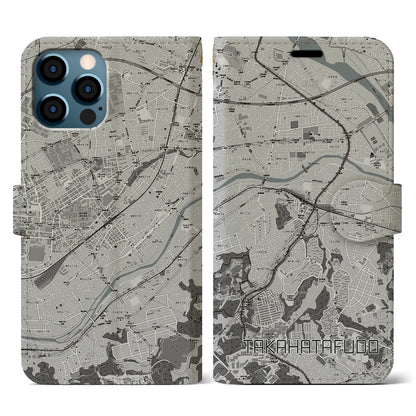 【高幡不動（東京都）】地図柄iPhoneケース（手帳タイプ）モノトーン・iPhone 12 / 12 Pro 用