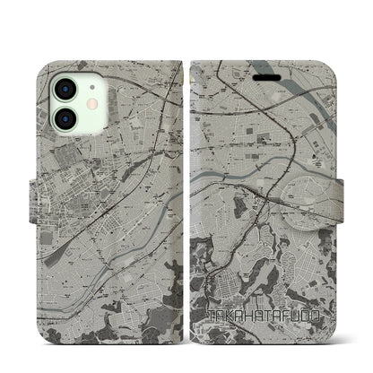 【高幡不動（東京都）】地図柄iPhoneケース（手帳タイプ）モノトーン・iPhone 12 mini 用