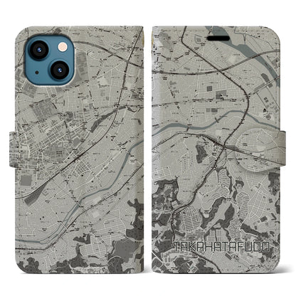 【高幡不動（東京都）】地図柄iPhoneケース（手帳タイプ）モノトーン・iPhone 13 用