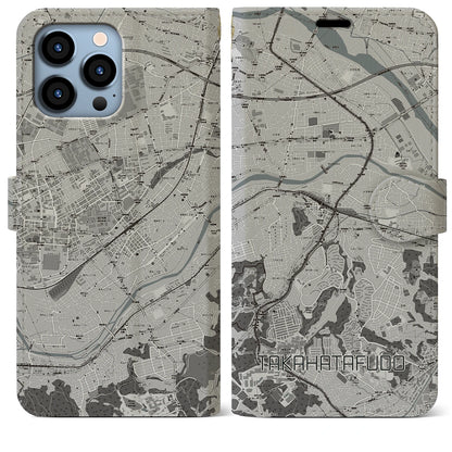 【高幡不動（東京都）】地図柄iPhoneケース（手帳タイプ）モノトーン・iPhone 13 Pro Max 用