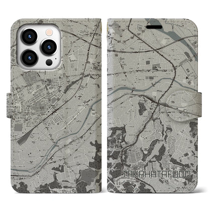 【高幡不動（東京都）】地図柄iPhoneケース（手帳タイプ）モノトーン・iPhone 13 Pro 用