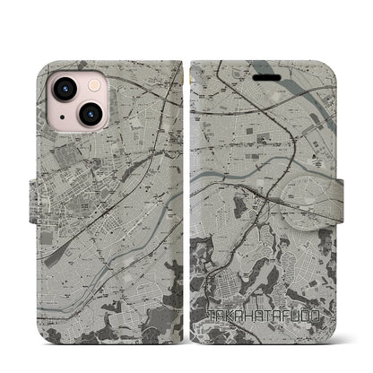 【高幡不動（東京都）】地図柄iPhoneケース（手帳タイプ）モノトーン・iPhone 13 mini 用