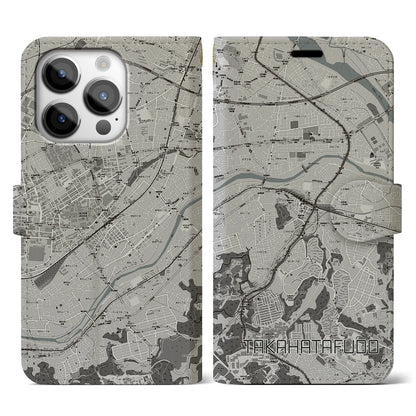 【高幡不動（東京都）】地図柄iPhoneケース（手帳タイプ）モノトーン・iPhone 14 Pro 用