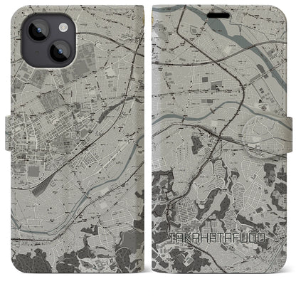 【高幡不動（東京都）】地図柄iPhoneケース（手帳タイプ）モノトーン・iPhone 14 Plus 用