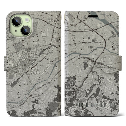 【高幡不動（東京都）】地図柄iPhoneケース（手帳タイプ）モノトーン・iPhone 15 用