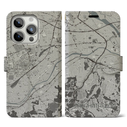 【高幡不動（東京都）】地図柄iPhoneケース（手帳タイプ）モノトーン・iPhone 15 Pro 用