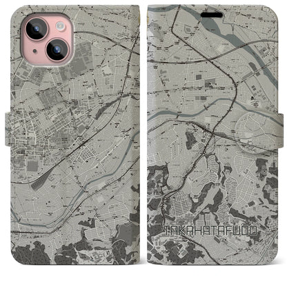 【高幡不動（東京都）】地図柄iPhoneケース（手帳タイプ）モノトーン・iPhone 15 Plus 用