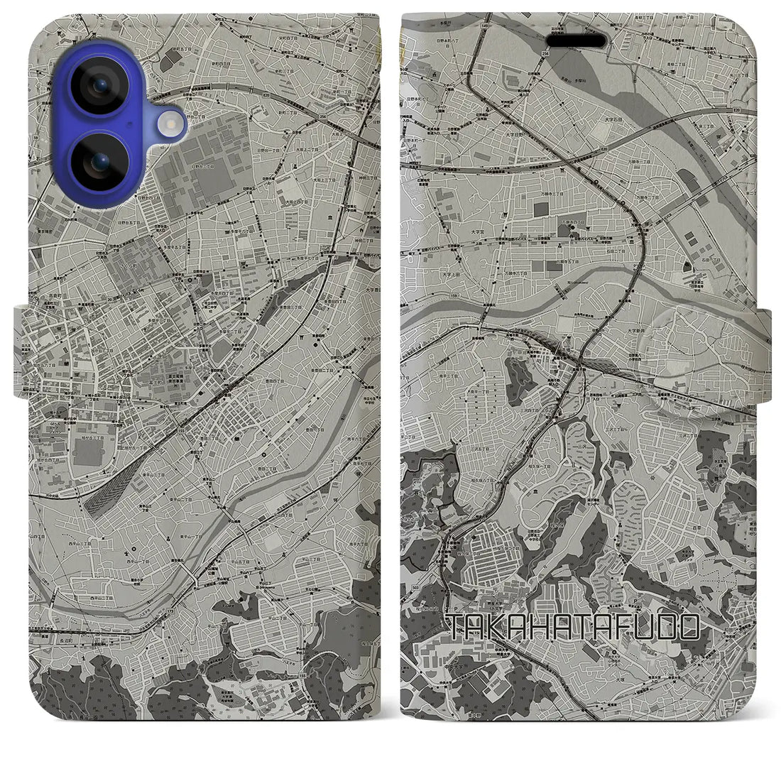 【高幡不動(東京都)】地図柄iPhoneケース(手帳タイプ)モノトーン・iPhone 16 Pro Max 用