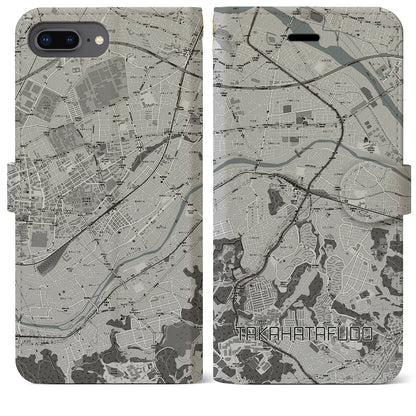 【高幡不動（東京都）】地図柄iPhoneケース（手帳タイプ）モノトーン・iPhone 8Plus /7Plus / 6sPlus / 6Plus 用