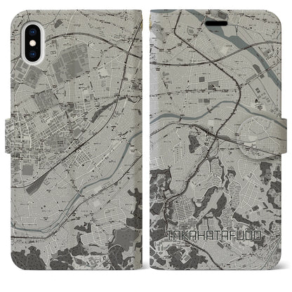 【高幡不動（東京都）】地図柄iPhoneケース（手帳タイプ）モノトーン・iPhone XS Max 用