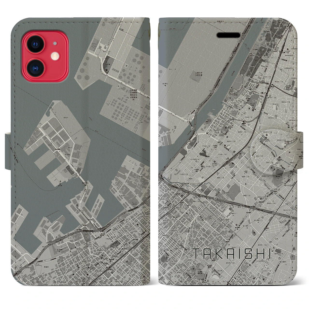 【高石】地図柄iPhoneケース（手帳両面タイプ・モノトーン）iPhone 11 用