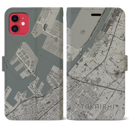 【高石（大阪府）】地図柄iPhoneケース（手帳タイプ）モノトーン・iPhone 11 用