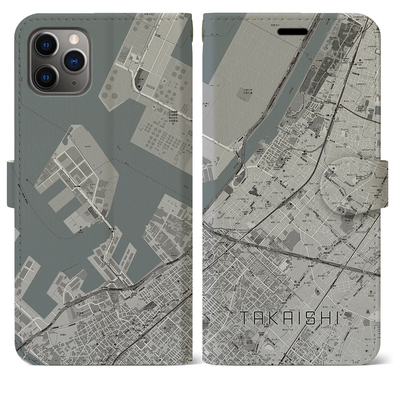【高石】地図柄iPhoneケース（手帳両面タイプ・モノトーン）iPhone 11 Pro Max 用