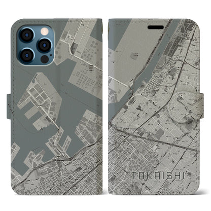 【高石（大阪府）】地図柄iPhoneケース（手帳タイプ）モノトーン・iPhone 12 / 12 Pro 用