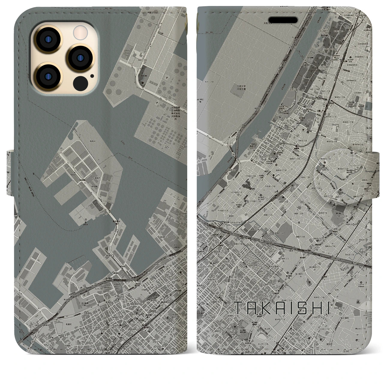 【高石】地図柄iPhoneケース（手帳両面タイプ・モノトーン）iPhone 12 Pro Max 用