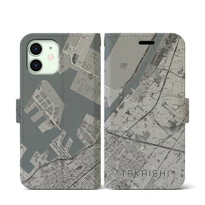 【高石（大阪府）】地図柄iPhoneケース（手帳タイプ）モノトーン・iPhone 12 mini 用