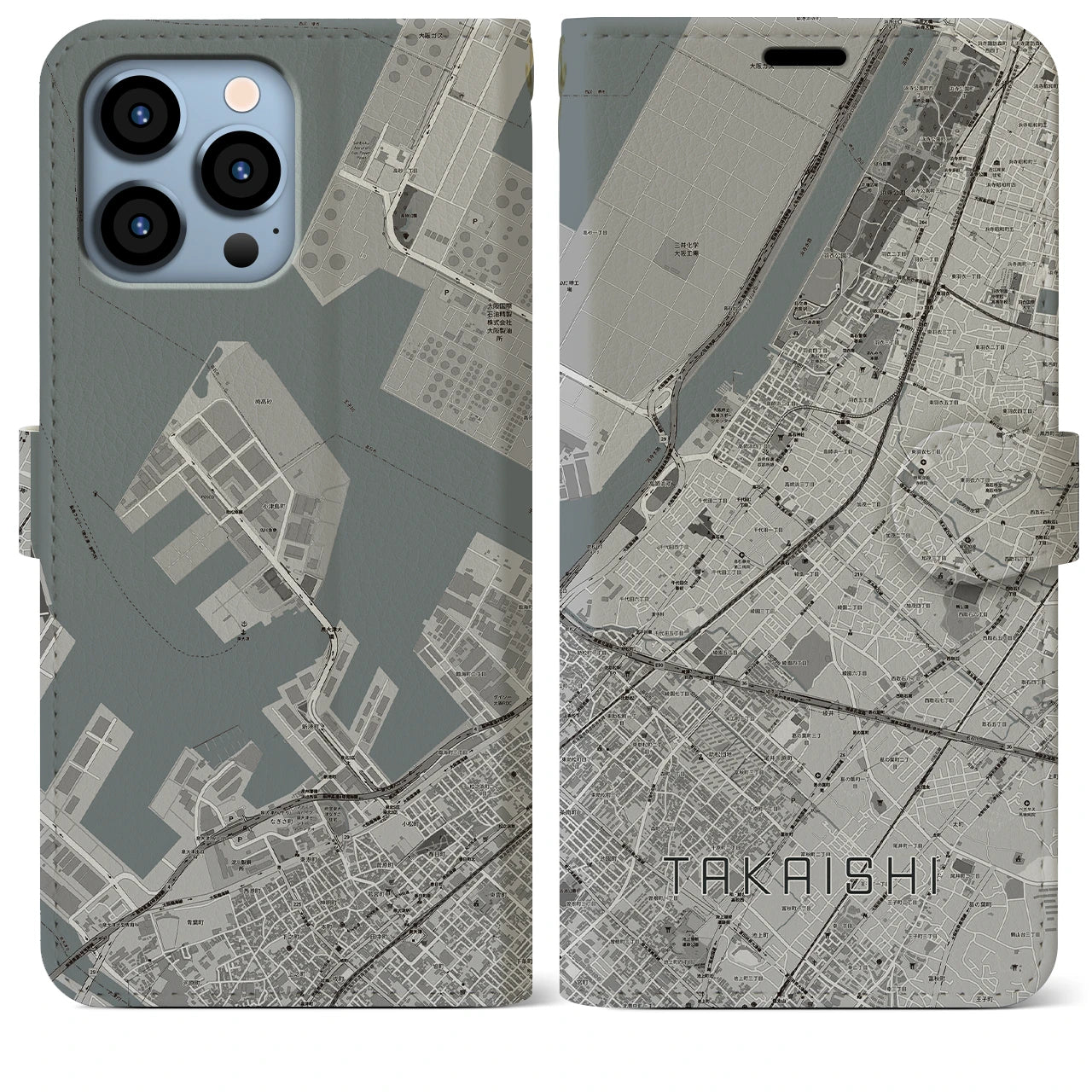 【高石】地図柄iPhoneケース（手帳両面タイプ・モノトーン）iPhone 13 Pro Max 用