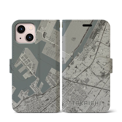 【高石（大阪府）】地図柄iPhoneケース（手帳タイプ）モノトーン・iPhone 13 mini 用