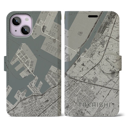 【高石（大阪府）】地図柄iPhoneケース（手帳タイプ）モノトーン・iPhone 14 用