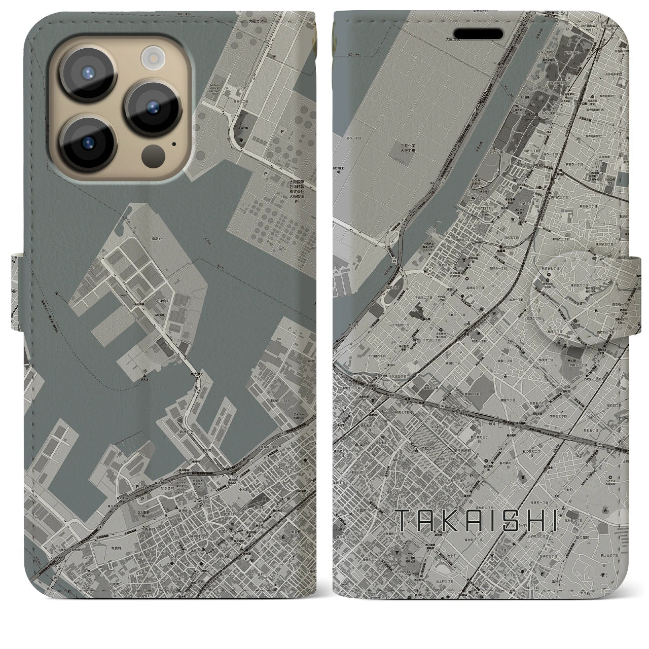 【高石】地図柄iPhoneケース（手帳両面タイプ・モノトーン）iPhone 14 Pro Max 用