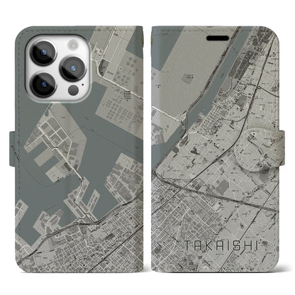 【高石（大阪府）】地図柄iPhoneケース（手帳タイプ）モノトーン・iPhone 14 Pro 用