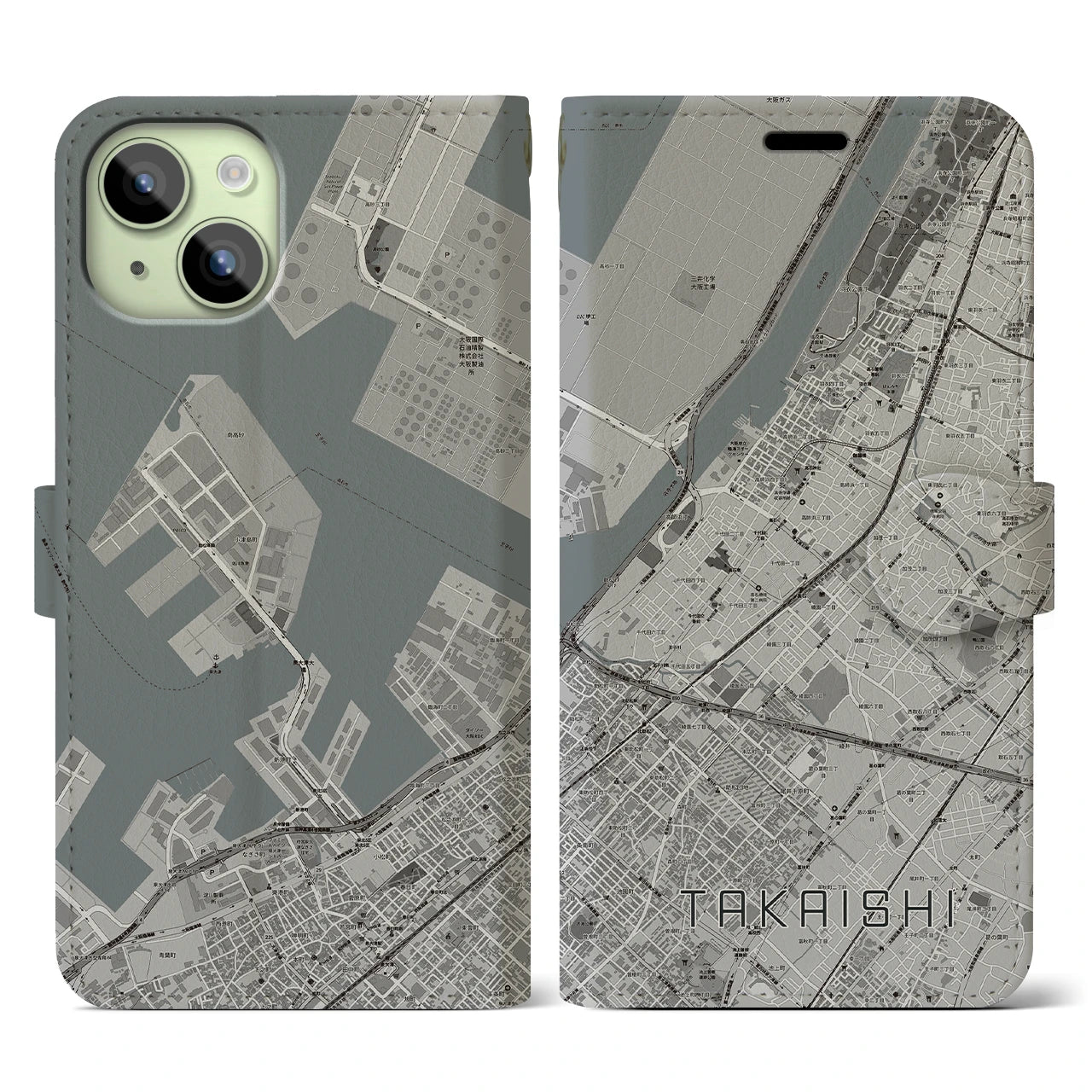 【高石】地図柄iPhoneケース（手帳両面タイプ・モノトーン）iPhone 15 用