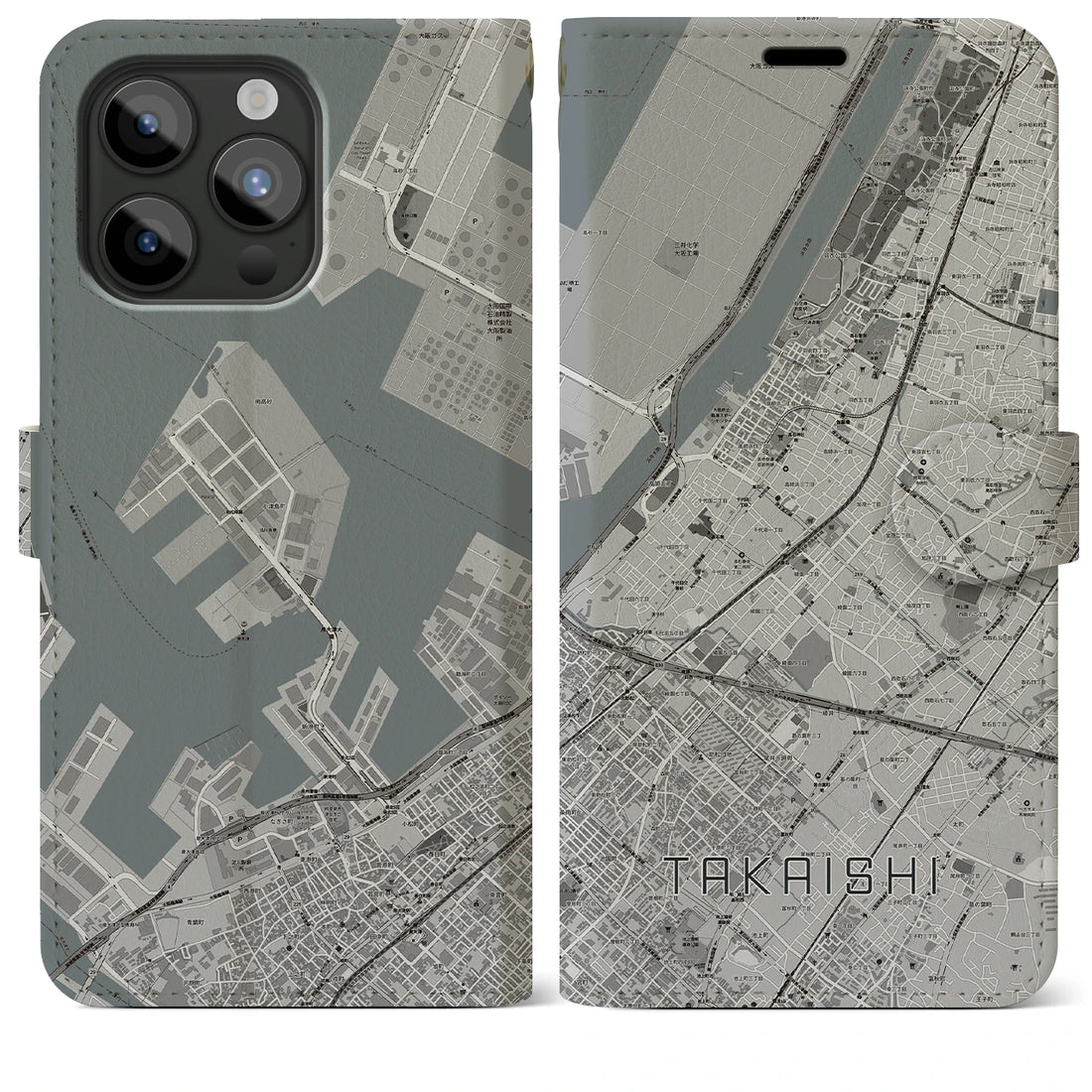 【高石】地図柄iPhoneケース（手帳両面タイプ・モノトーン）iPhone 15 Pro Max 用