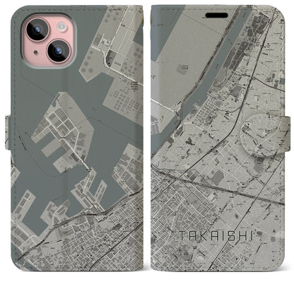 【高石（大阪府）】地図柄iPhoneケース（手帳タイプ）モノトーン・iPhone 15 Plus 用