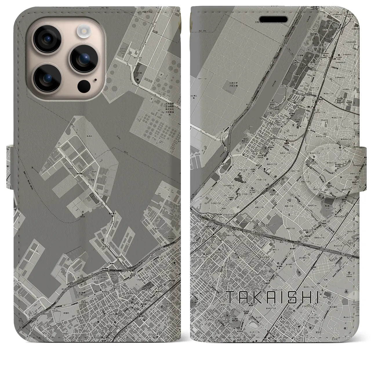 【高石（大阪府）】地図柄iPhoneケース（手帳タイプ）モノトーン・iPhone 16 Plus 用