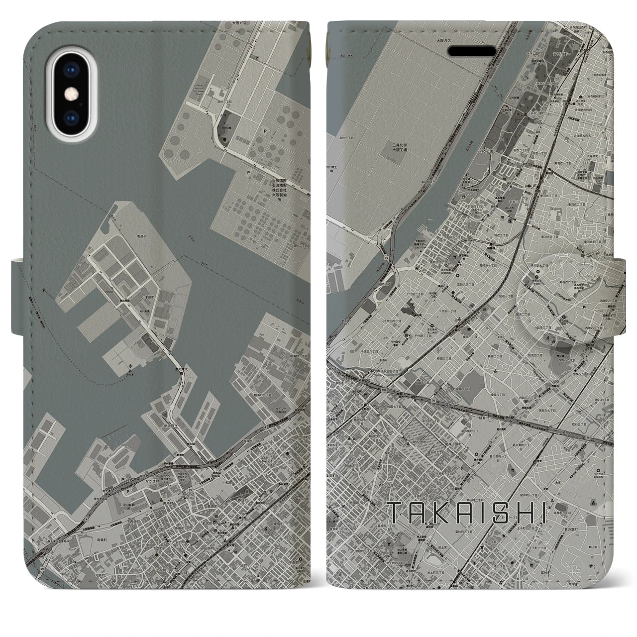 【高石】地図柄iPhoneケース（手帳両面タイプ・モノトーン）iPhone XS Max 用
