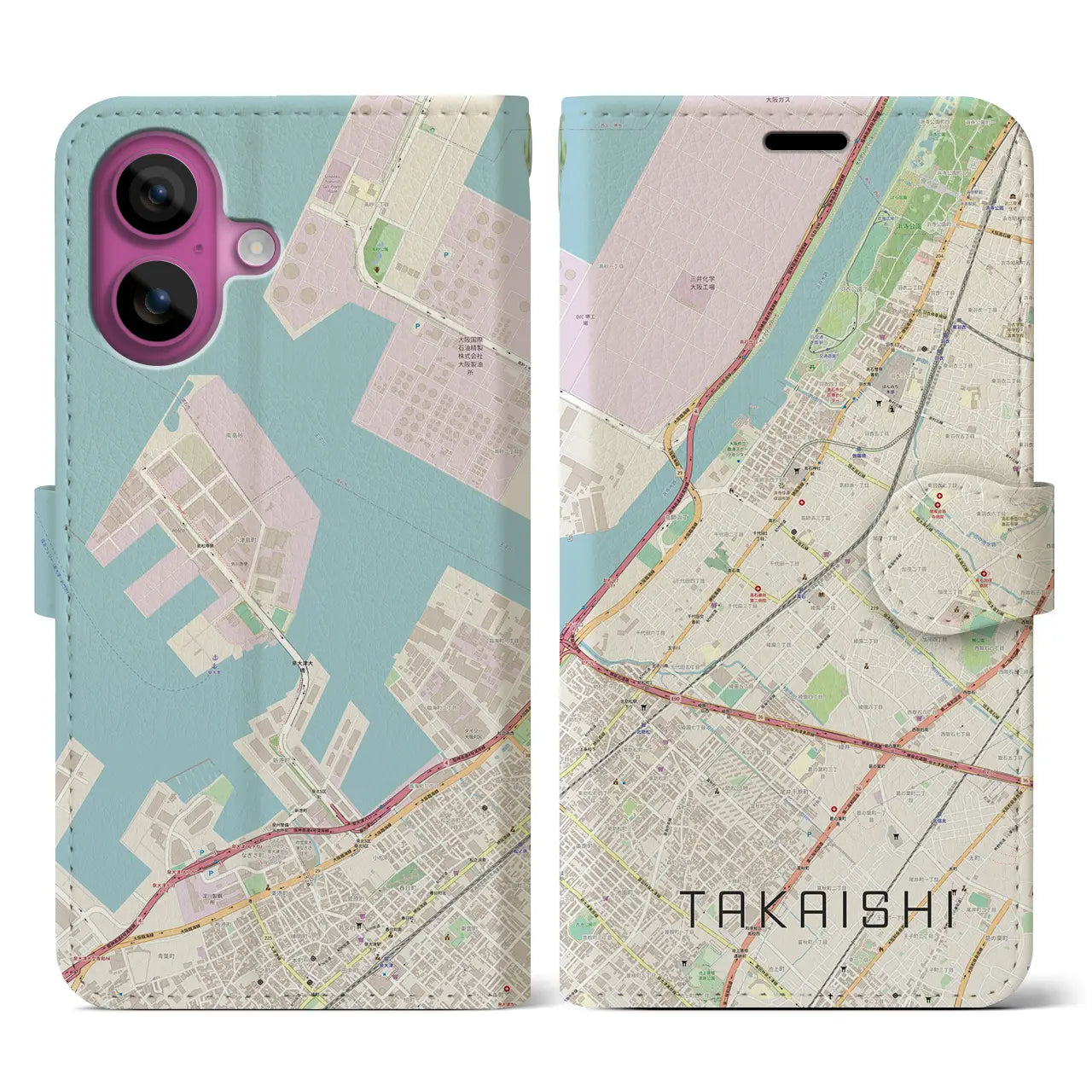 【高石（大阪府）】地図柄iPhoneケース（手帳タイプ）ナチュラル・iPhone 16 Pro 用