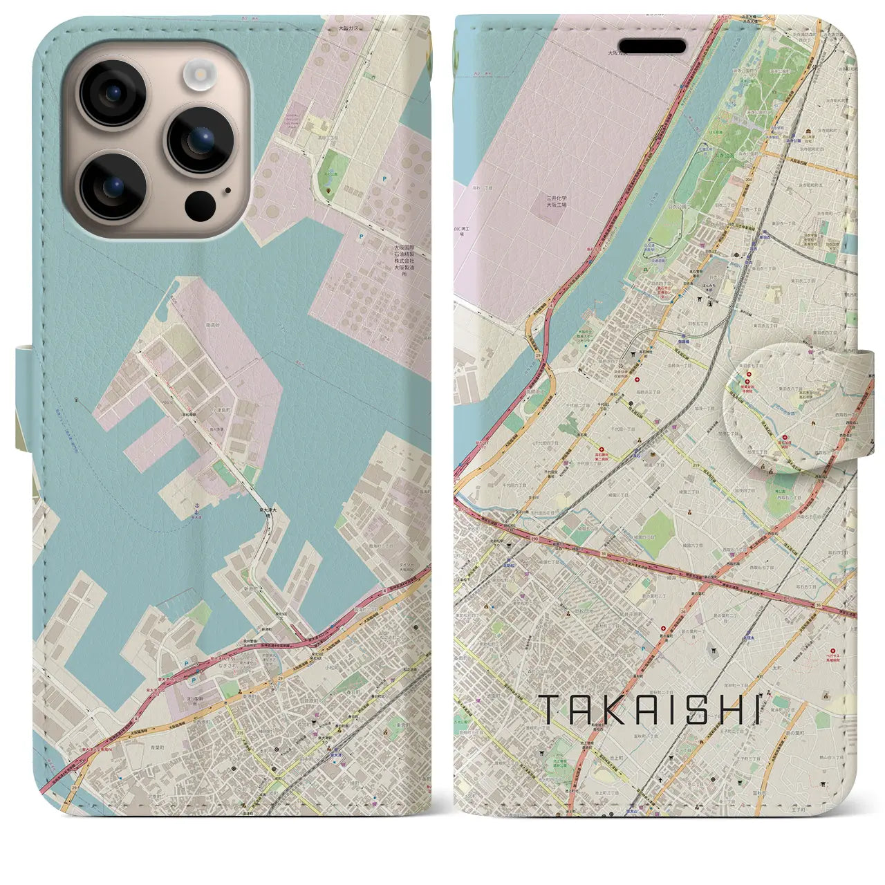 【高石（大阪府）】地図柄iPhoneケース（手帳タイプ）ナチュラル・iPhone 16 Plus 用