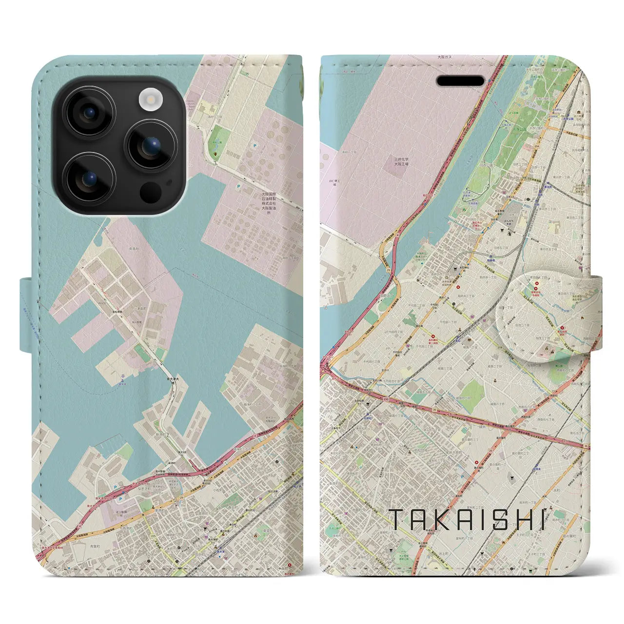 【高石（大阪府）】地図柄iPhoneケース（手帳タイプ）ナチュラル・iPhone 16 用