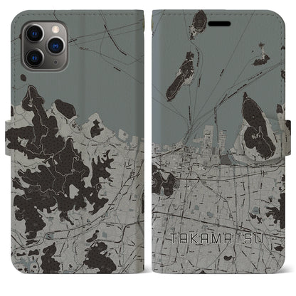 【高松（香川県）】地図柄iPhoneケース（手帳タイプ）モノトーン・iPhone 11 Pro Max 用