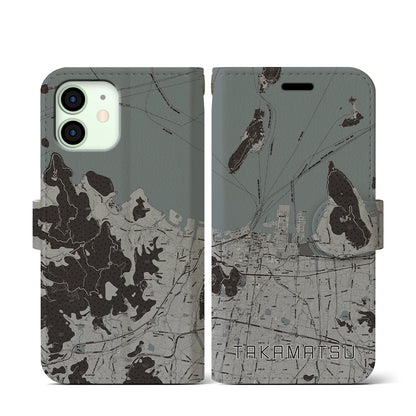 【高松（香川県）】地図柄iPhoneケース（手帳タイプ）モノトーン・iPhone 12 mini 用