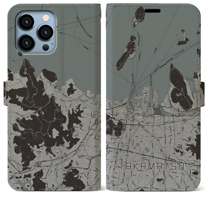 【高松（香川県）】地図柄iPhoneケース（手帳タイプ）モノトーン・iPhone 13 Pro Max 用
