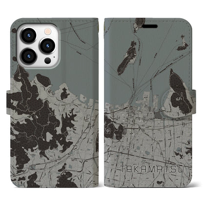 【高松（香川県）】地図柄iPhoneケース（手帳タイプ）モノトーン・iPhone 13 Pro 用