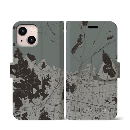 【高松（香川県）】地図柄iPhoneケース（手帳タイプ）モノトーン・iPhone 13 mini 用