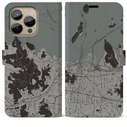 【高松（香川県）】地図柄iPhoneケース（手帳タイプ）モノトーン・iPhone 14 Pro Max 用