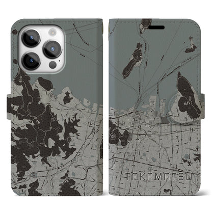 【高松（香川県）】地図柄iPhoneケース（手帳タイプ）モノトーン・iPhone 14 Pro 用