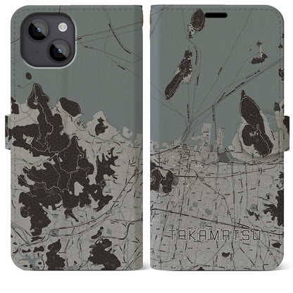 【高松（香川県）】地図柄iPhoneケース（手帳タイプ）モノトーン・iPhone 14 Plus 用