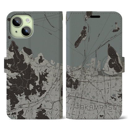 【高松（香川県）】地図柄iPhoneケース（手帳タイプ）モノトーン・iPhone 15 用