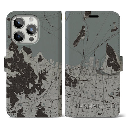 【高松（香川県）】地図柄iPhoneケース（手帳タイプ）モノトーン・iPhone 15 Pro 用