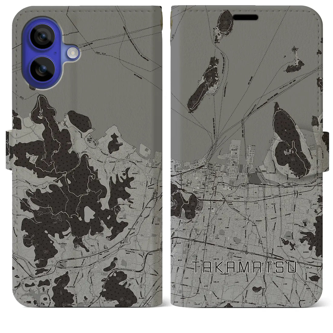 【高松(香川県)】地図柄iPhoneケース(手帳タイプ)モノトーン・iPhone 16 Pro Max 用