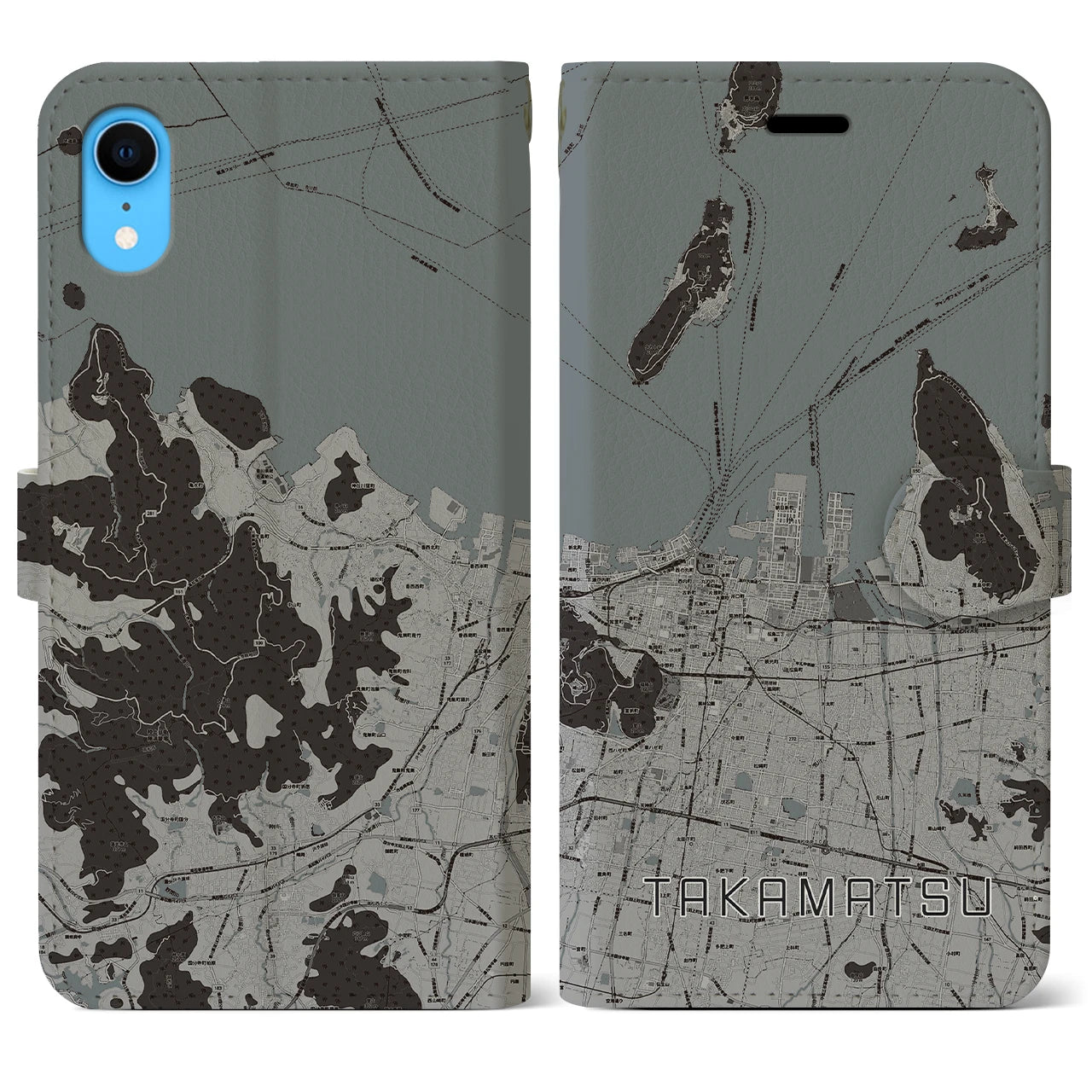 【高松】地図柄iPhoneケース（手帳両面タイプ・モノトーン）iPhone XR 用