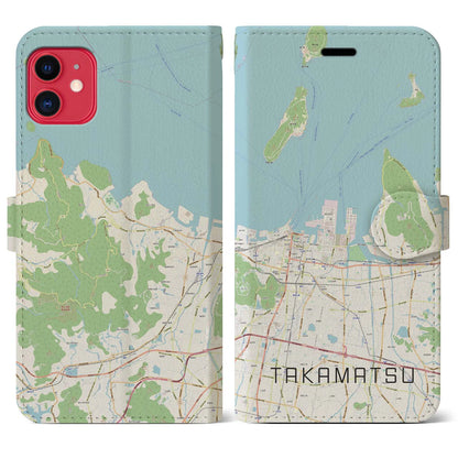 【高松（香川県）】地図柄iPhoneケース（手帳タイプ）ナチュラル・iPhone 11 用