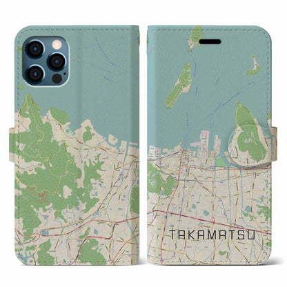 【高松（香川県）】地図柄iPhoneケース（手帳タイプ）ナチュラル・iPhone 12 / 12 Pro 用