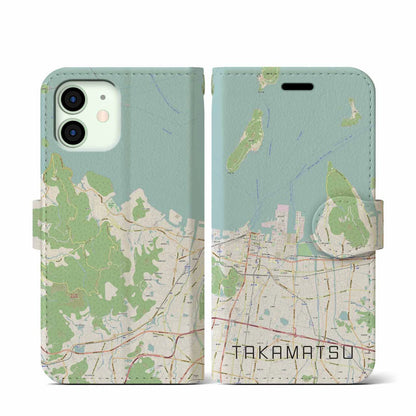 【高松（香川県）】地図柄iPhoneケース（手帳タイプ）ナチュラル・iPhone 12 mini 用